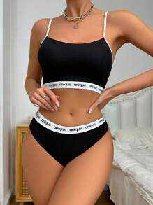 Women Bra & Panty Sets Contrast Binding Mencetak - Hitam - View 4