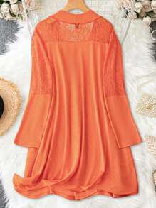 SHEIN LUNE Plus Contrast Lace Open Front Coat - Orange - View 2