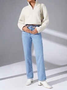 SHEIN Essnce Chất rắn Một nửa khóa kéo Teddy Áo nỉ - Màu be - Xem 1