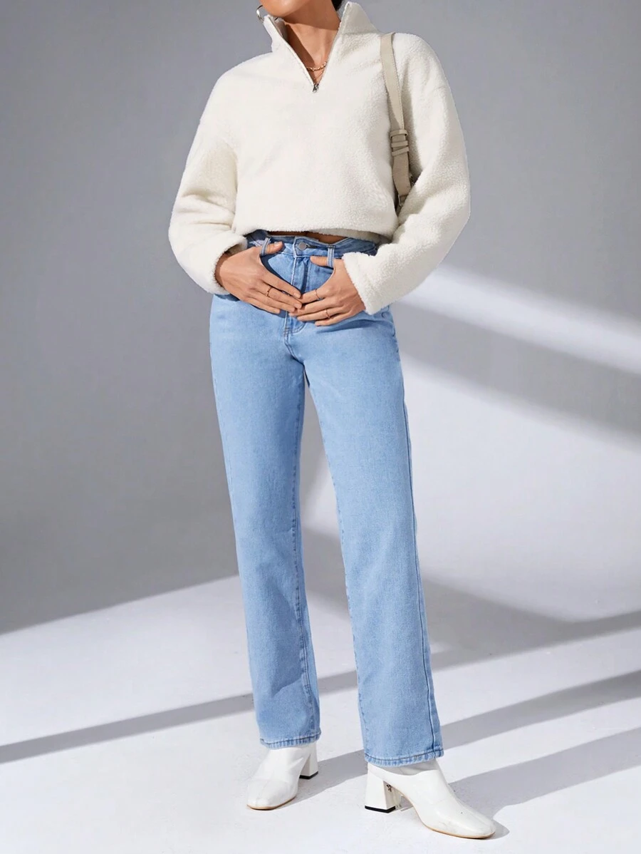 SHEIN Essnce Chất rắn Một nửa khóa kéo Teddy Áo nỉ - Màu be - Xem 1