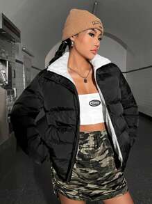 SHEIN EZwear 拉链保暖衬里棉服 - 彩色 - 查看 1