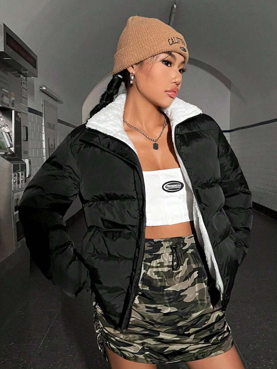 SHEIN EZwear 拉链保暖衬里棉服 - 彩色 - 查看 1