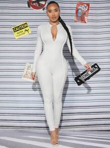 SHEIN SXY Zip Up Unitard Jumpsuit - White - View 1