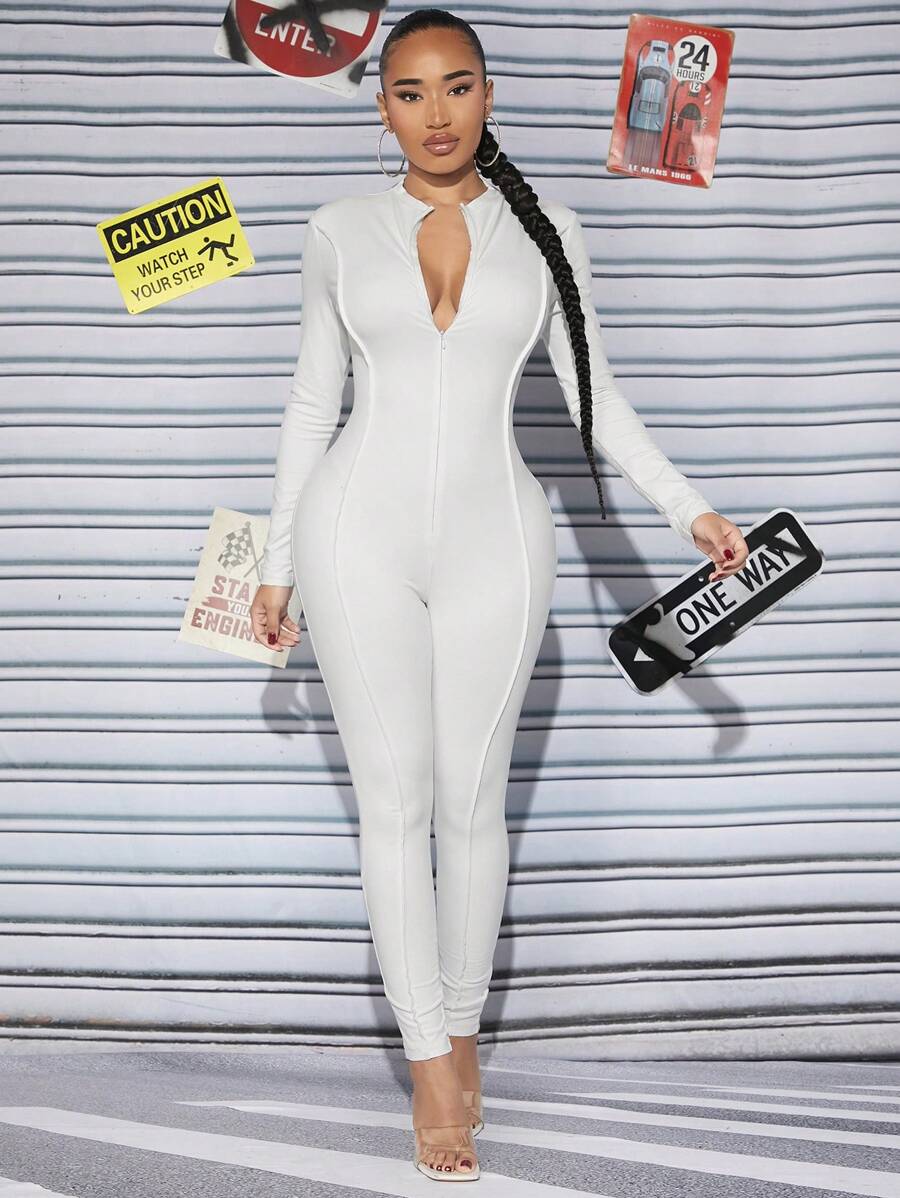 SHEIN SXY Zip Up Unitard Jumpsuit - White - View 1