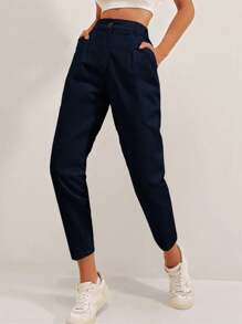 EURMUSE Fold Pleated Carrot Pants - Navy Blue - View 5