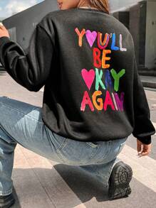 Flirla Plus Heart & Slogan Graphic Drop Shoulder Sweatshirt Pullover Fall Sweatshirt - Black - View 1