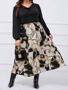 SHEIN Clasi 大碼錬條圖案垂領燈籠袖洋裝 - 彩色 - 查看 6