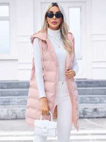 SHEIN Privé Slant Pockets Drawstring Hooded Vest Padded Coat