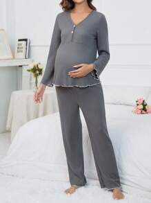 SHEIN Maternity Lettuce Trim Lounge Set - Grey - View 1