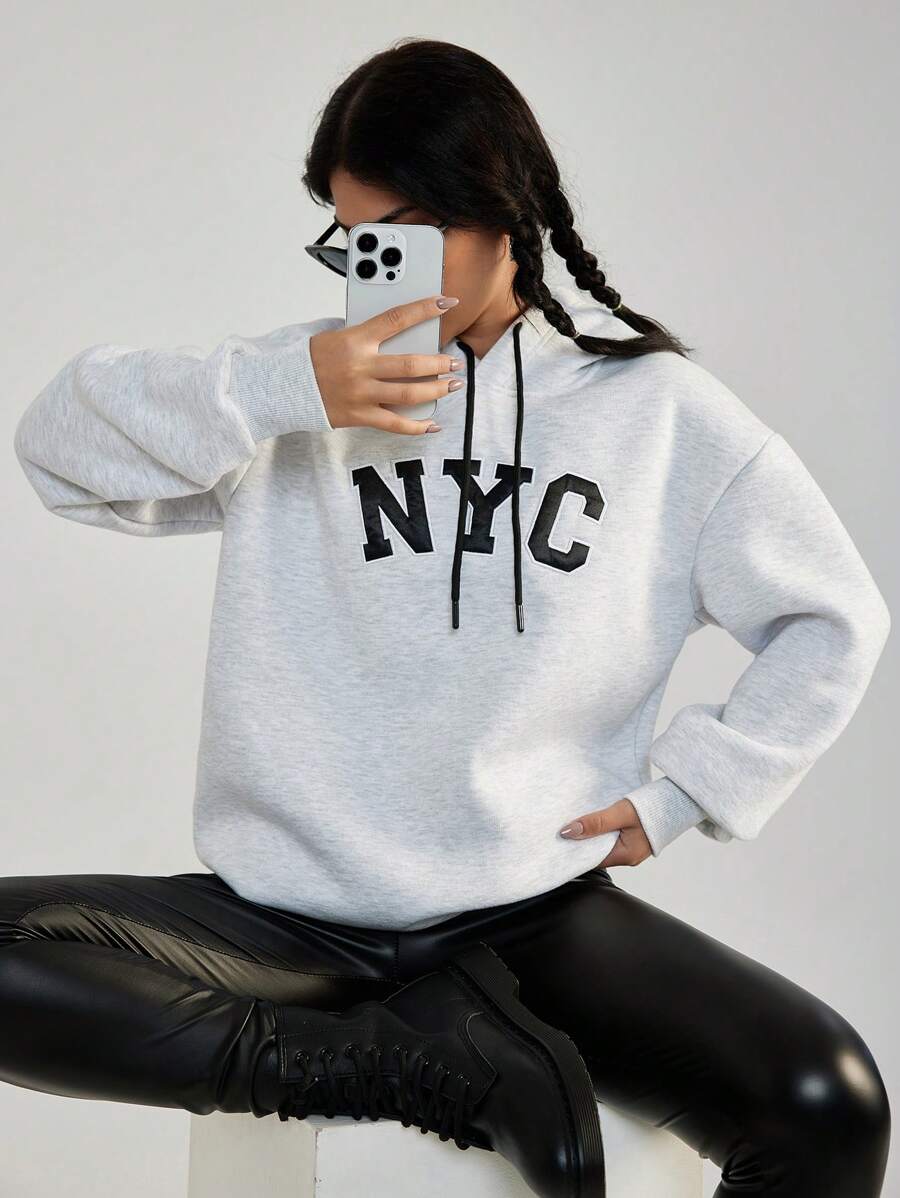 Letter Embroidery Drop Shoulder Drawstring Hoodie - Light Grey - View 1