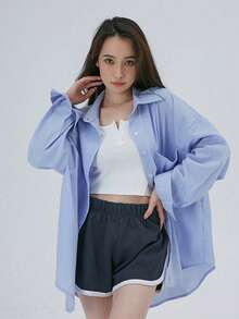 Camisa de manga larga de unicolor y estilo holgado, versátil jersey para primavera y otoño - Celeste - Ver 3