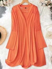 SHEIN LUNE Plus Contrast Lace Open Front Coat - Orange - View 1