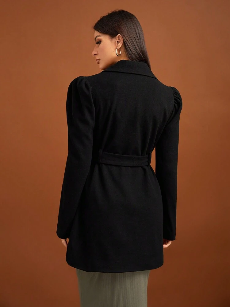 Lapel Neck Puff Sleeve Belted Overcoat