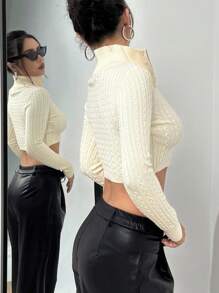 Flirla Suéter de punto corto con cremallera y media cartera, de punto de cable, para otoño e invierno - Blanco - Ver 2