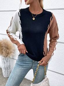 SHEIN LUNE Colorblock Drop Shoulder Sweater - Multicolor - View 6