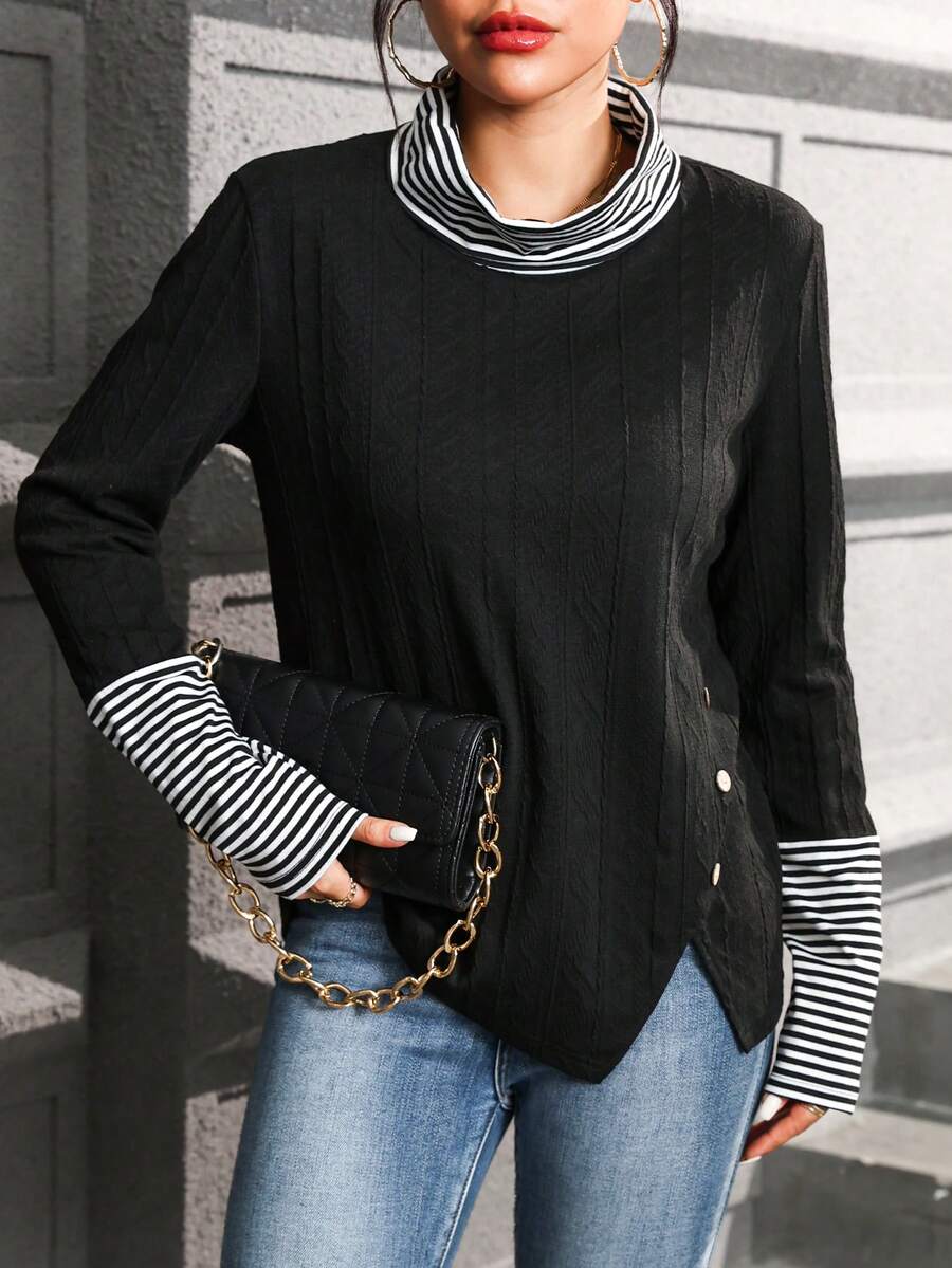 Striped Pattern Button Detail Sweater - White - View 1