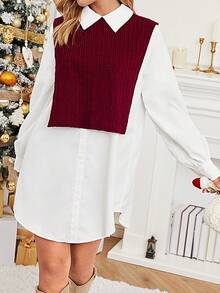 SHEIN Essnce 雙色假兩件洋裝 - 紅白色 - 查看 3