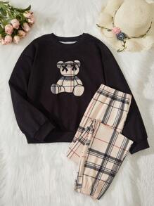 SHEIN Perso Play Tween Boy Bear Print Pullover & Plaid Pants - Multicolor - View 1