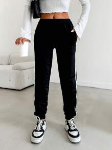 Contrast Tape Side Sweatpants For Spring & Autumn - Black - View 4
