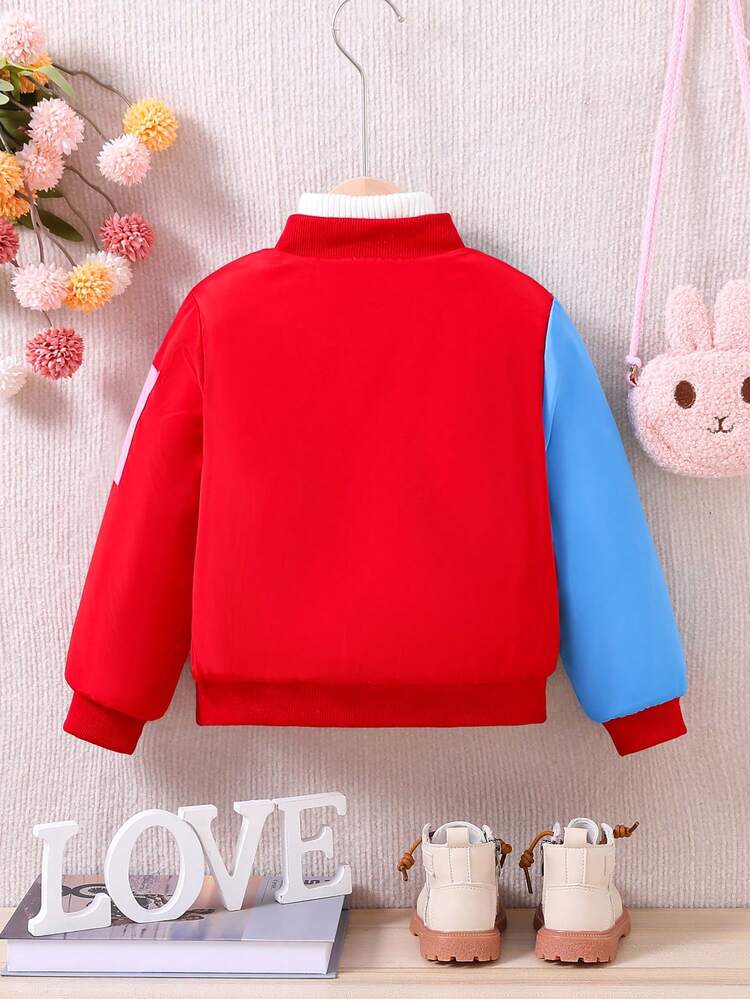 Young Girl 1pc Color Block Baseball Collar Flap Detail Padded Coat
