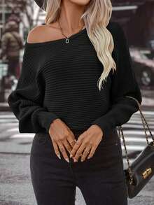 SHEIN LUNE Chất rắn tay cánh Đồ đan Ribbed Áo len - màu đen - Xem 4