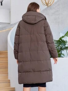 HaiLuoZi Plus Zip Up Hooded Padded Coat - Coffee Brown - View 4