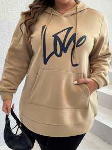 Plus Size Letter Graphic Pocket Drawstring Sweatshirt - Khaki - View 5