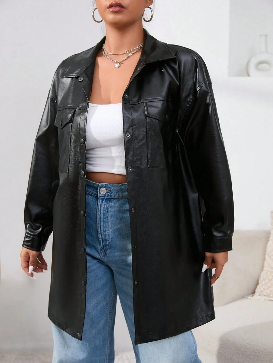 SHEIN EZwear Plus Flap Pocket Drop Shoulder PU Leather Coat - Black - View 1