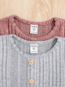 Young Girl 2pcs Button Front Ribbed Knit Dress - Multicolor - View 4