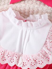 Baby Girl Contrast Eyelet Embroidery Ruffle Trim Flounce Sleeve Jumpsuit & Headband - Hot Pink - View 4
