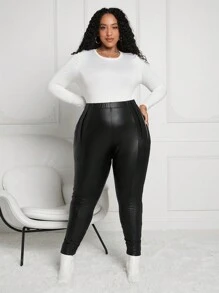 SHEIN CURVE+ Kích thước lớn Đàn hồi chất liệu da PU Của phụ nữ Xà cạp Quần , Mùa Đông - màu đen - Xem 6