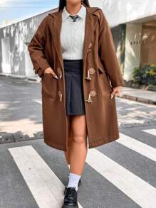 Flirla Plus Flap Pocket Drop Shoulder Duffle Overcoat - Brown - View 4