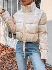 SHEIN Unity Abrigo con estampado de letra bajo con cordón con cremallera - Albaricoque - Ver 5