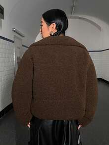 SHEIN EZwear Của phụ nữ Thả vai Shearling Áo khoác bông - Màu nâu  Mocha - Xem 2