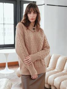 Anewsta 纯色麻花针织落肩套头衫秋冬毛衣 - 卡其色 - 查看 1