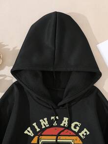 SHEIN EZwear Băng âm thanh Và Đồ họa Chữ cái Dây rút Lót nhiệt Hoodie - màu đen - Xem 3