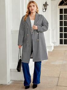 SHEIN Franclia Hơn In Houndstooth Đôi ngực Áo khoác - Đen và trắng - Xem 3