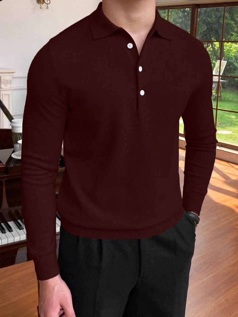 Nam Chất rắn Cổ Polo Áo len - Màu Đỏ Sâu - Xem 1