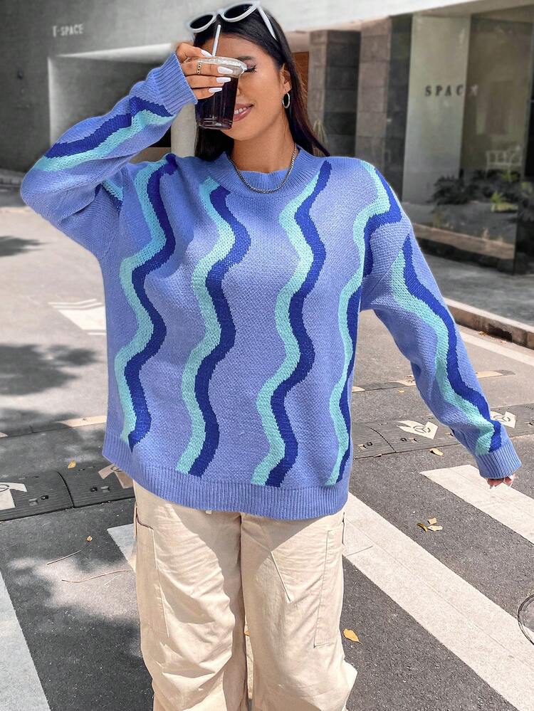 Plus Wave Striped Pattern Drop Shoulder Sweater Knit Pullover Fall Winter Sweater