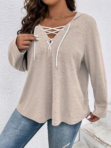 SHEIN LUNE Áo nỉ tay raglan buộc dây, có khoen cài, cỡ lớn - Màu be - Xem 3