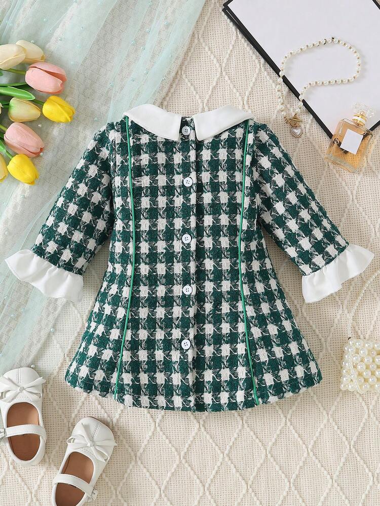 Baby Girl Plaid Print Peter Pan Collar Flounce Sleeve Dress