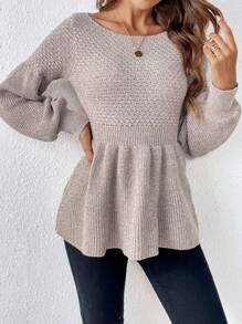 SHEIN Frenchy Lantern Sleeve Peplum Waist Sweater,Long Sleeve Tops In Fall/Winter - Khaki - View 5