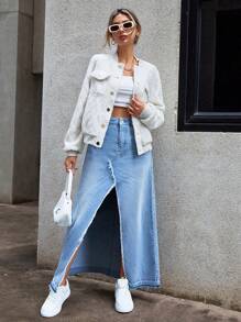 SHEIN Essnce 翻蓋細節插肩袖絨毛飛行員夾克 - 白色 - 查看 5