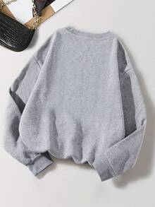 SHEIN EZwear 字母圖案加絨內裏運動衫 - 灰色 - 查看 2