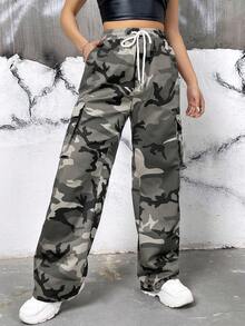 SHEIN Coolane Camo In Túi nắp bên cạnh Eo dây rút Quần Cargo - Nhiều màu - Xem 5