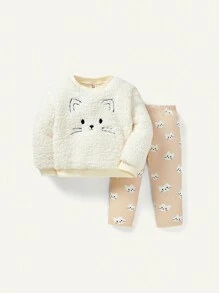 Cozy Pixies 女嬰卡通圖案毛絨套頭衫和褲子