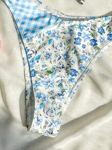 Ditsy Floral And Plaid Patchwork Bikini Set Summer Beach - Blue - View 6