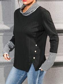 Striped Pattern Button Detail Sweater - White - View 5