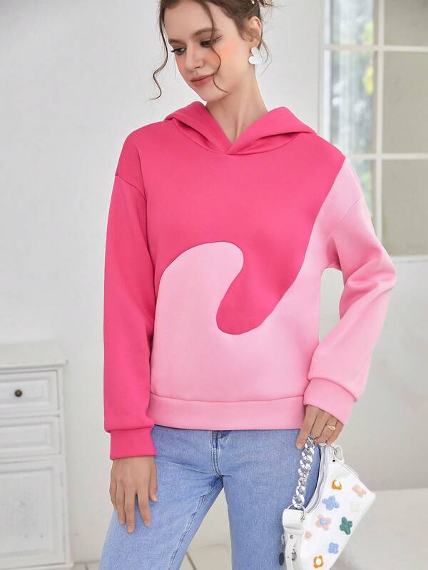 SHEIN Qutie Felpa con cappuccio casual rosa e bianco per donna, adatta per l'autunno