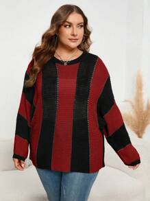 SHEIN LUNE Plus Color Block Drop Shoulder Sweater Knit Pullover Fall Winter Sweater - Multicolor - View 6